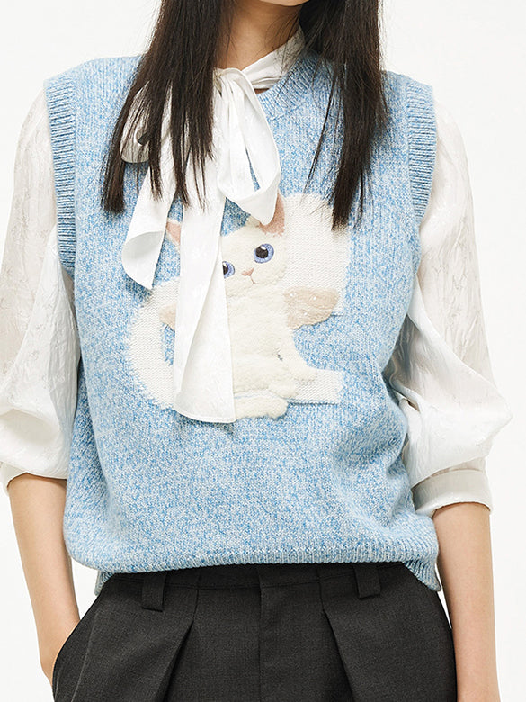 Cat Embroidery Sleeveless Knit