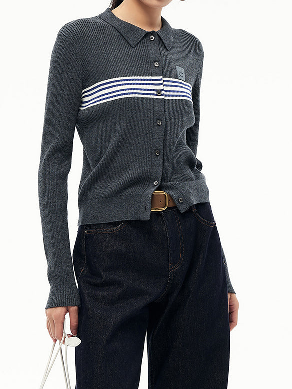 Line Design Retro Polo Knit Cardigan
