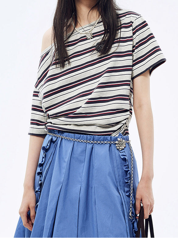 One-shoulder Design Stripe T-shirt