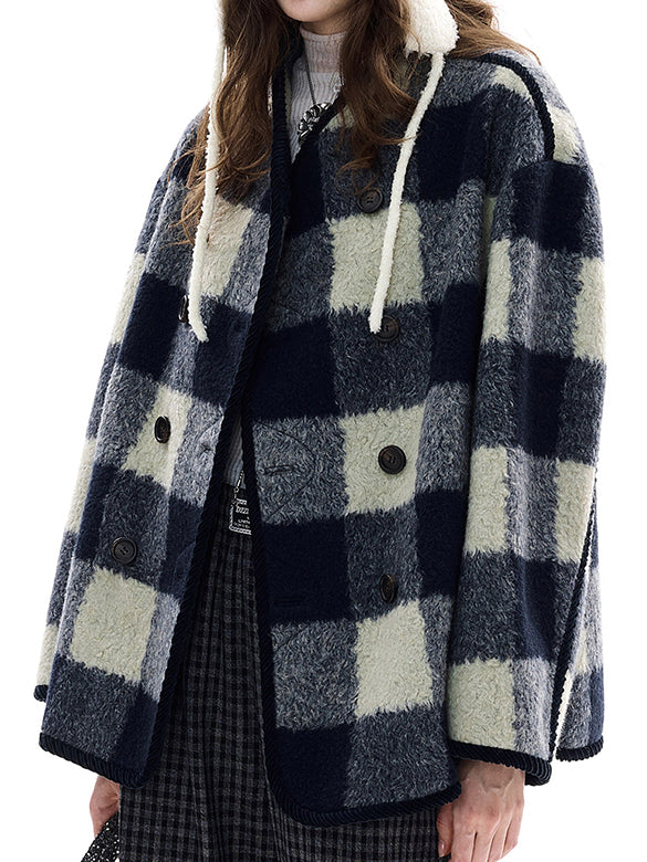 Plaid No-collar Wool Coat