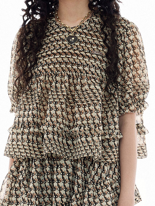 Cat Printed Chiffon Blouse