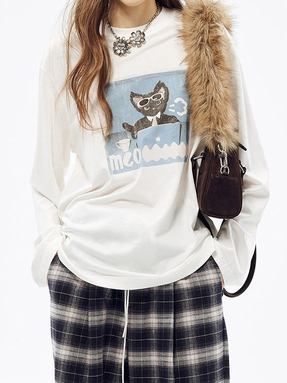 Cat Printed & Beads Long Sleeves T-shirt