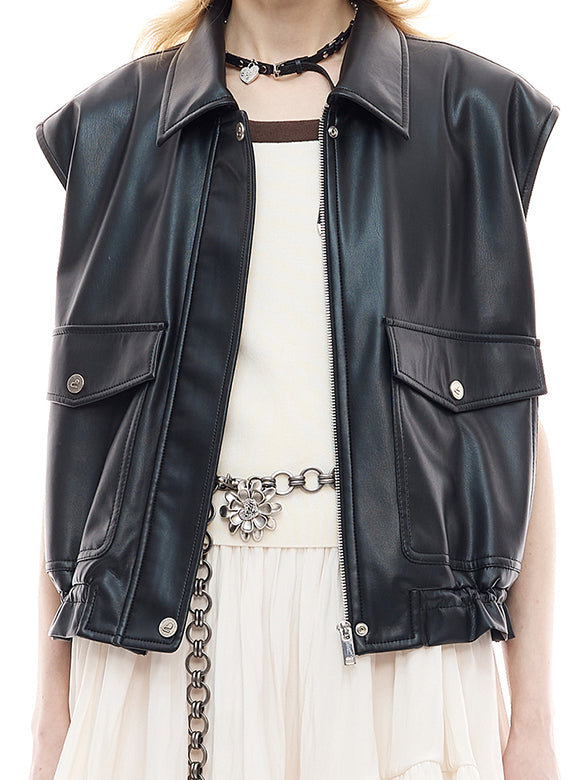 Fake Leather Sleeveless Blouson