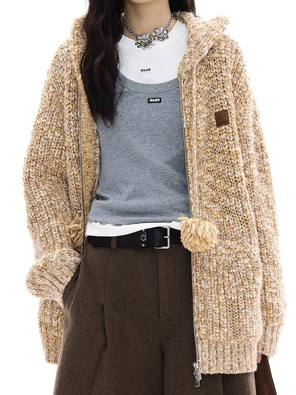 Pompon Knit Zipper Hoodie