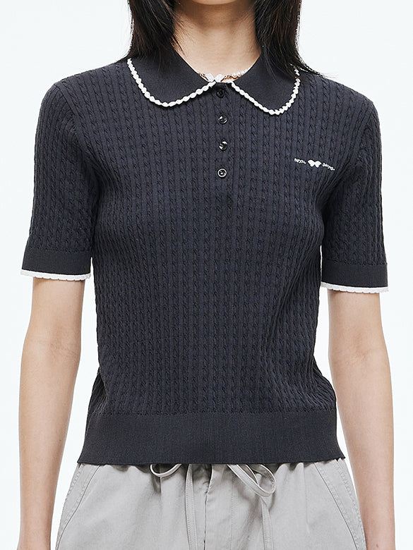 Frill Piping Polo Knit Top