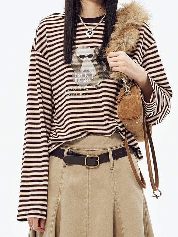 Cat Printed Stripe Long Sleeves T-shirt