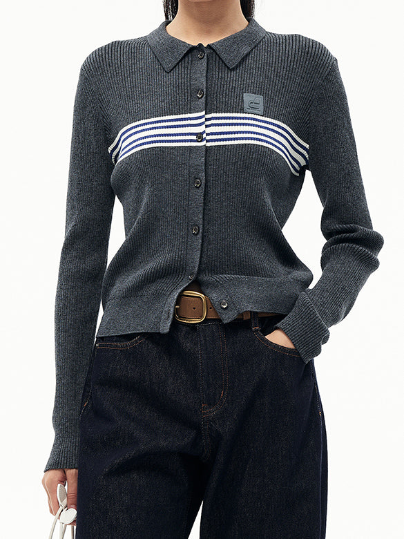 Line Design Retro Polo Knit Cardigan