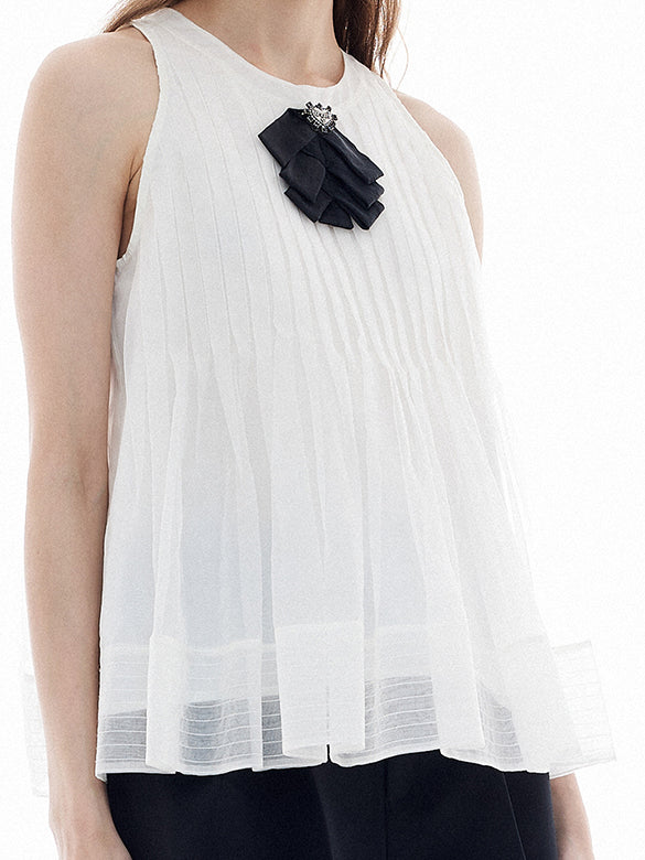 Ribbon Brooch Sheer Sleeveless Top