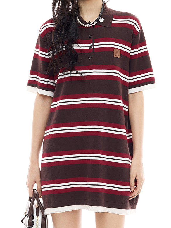 Retro-color Stripe Polo Knit Dress
