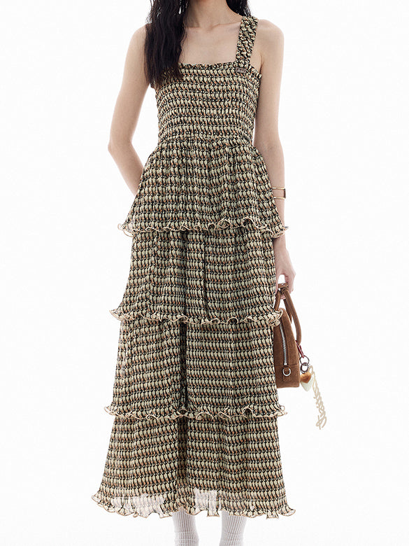 Cat Printed Tiered Chiffon Dress