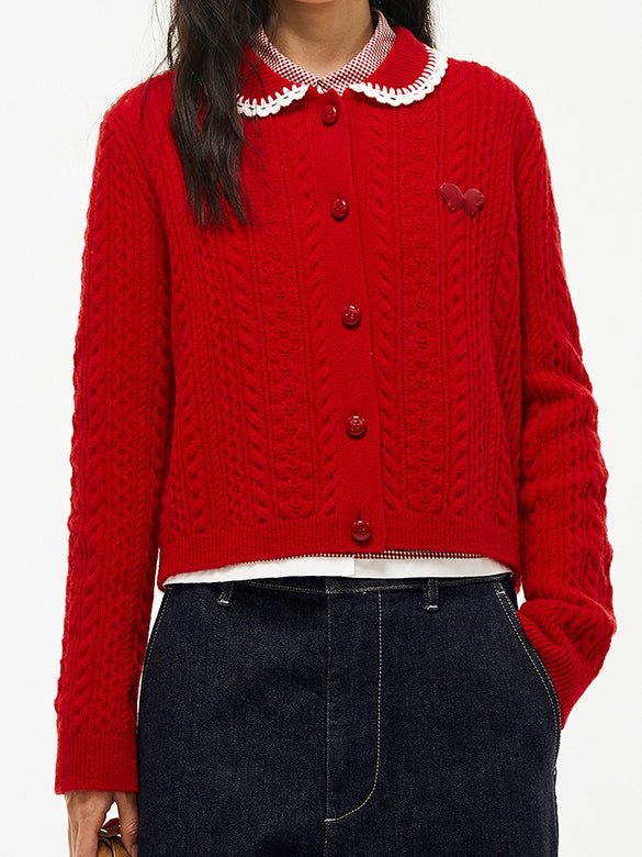 Bi-color Frill Collar Knit Cardigan