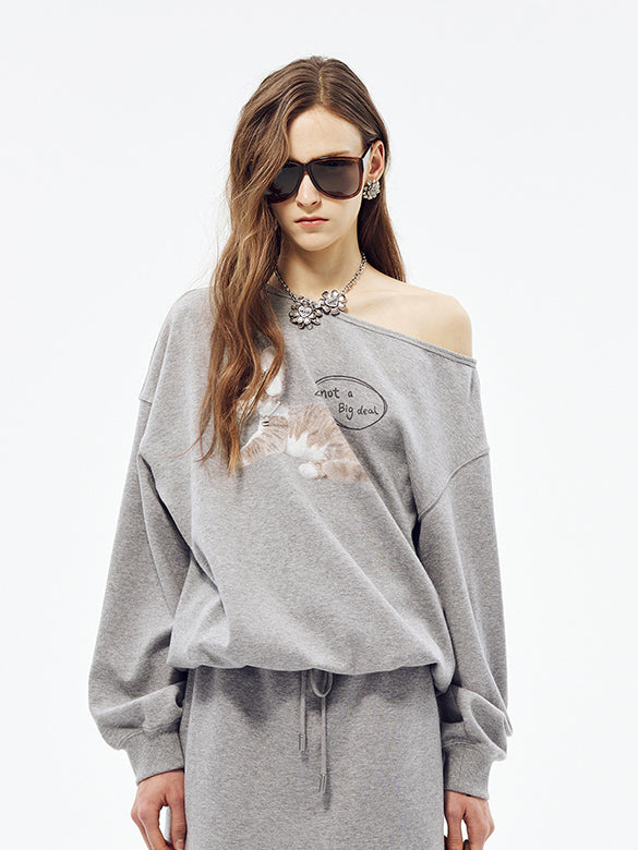 Cat Printed One-shoulder Sweatshirt