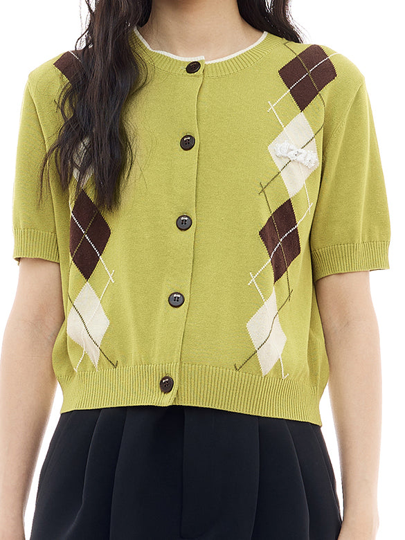 Retro Argyle Knit Cardigan