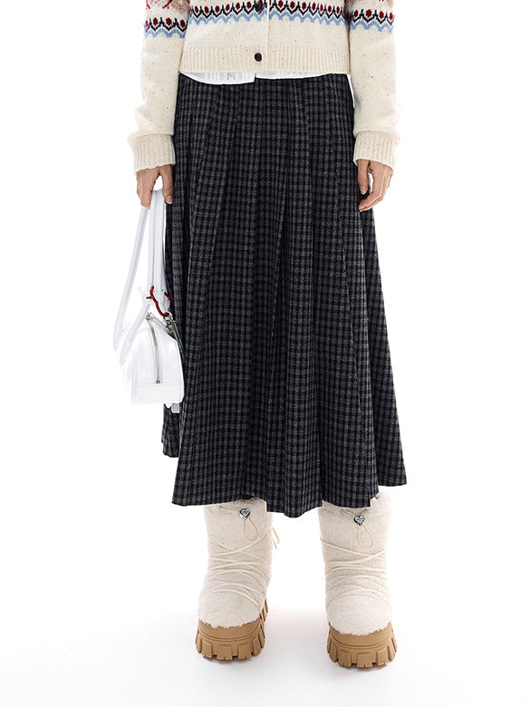 Plaid Pleats Belted Skirt
