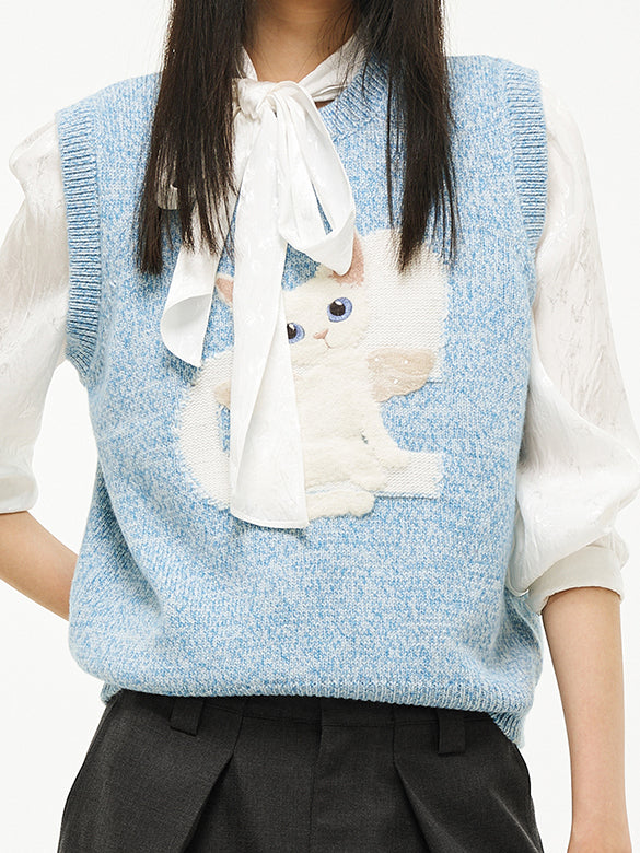Cat Embroidery Sleeveless Knit