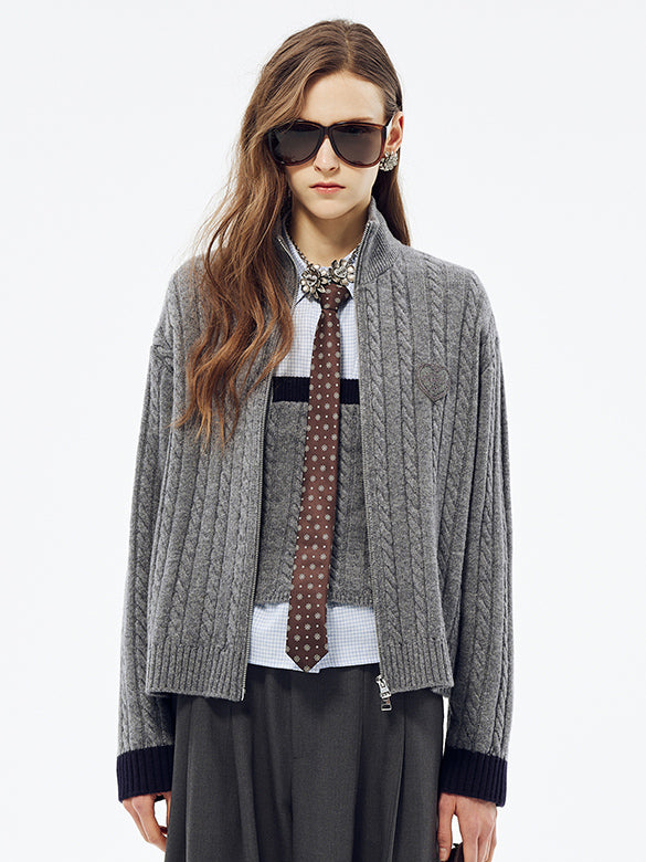 Bi-color Hem Zipper Knit Cardigan