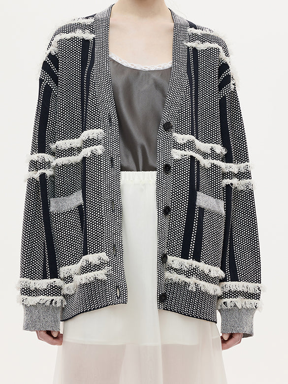 Design Pattern Fringe Knit Cardigan