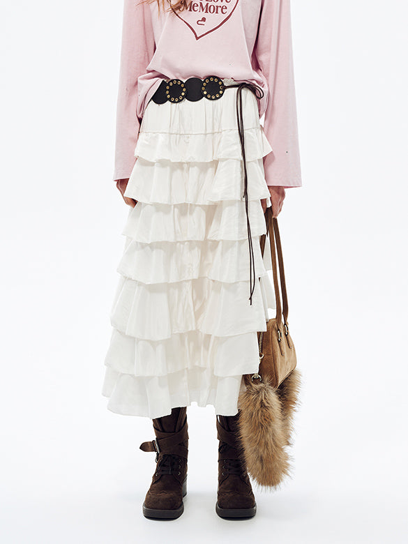 Satin Tiered Belted Skirt