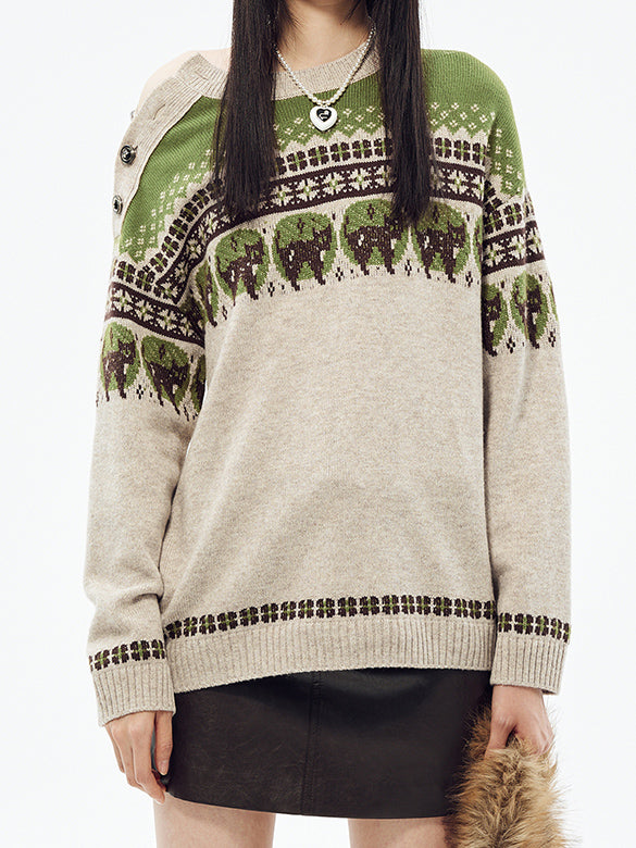 Cat Design Shoulder Button Knit
