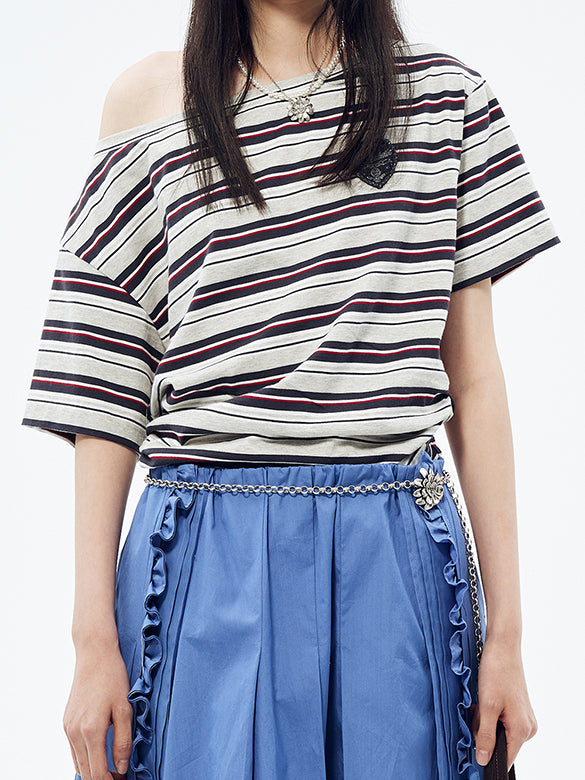 One-shoulder Design Stripe T-shirt