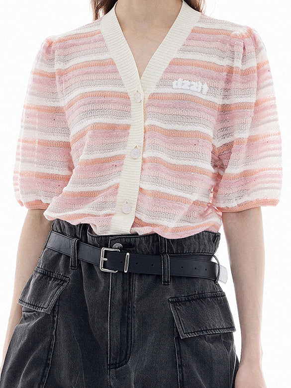 Sequins Design Pink Stripe Knit Cardigan