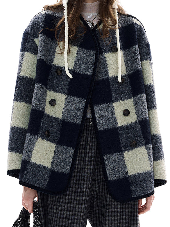 Plaid No-collar Wool Coat