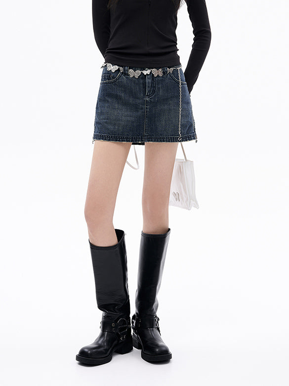 Side Zipper Denim Skirt-Pants