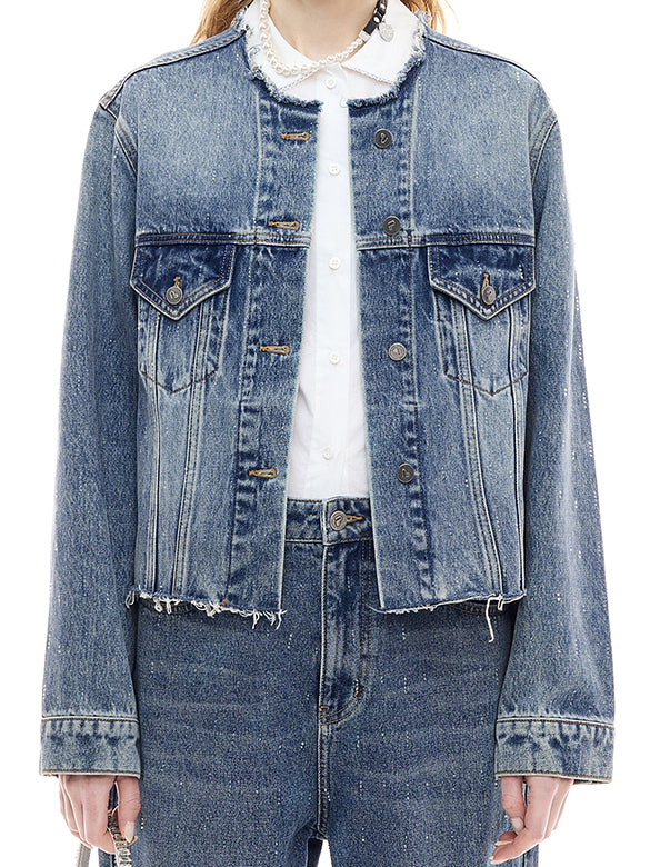 Clear Beads No-collar Denim Jacket