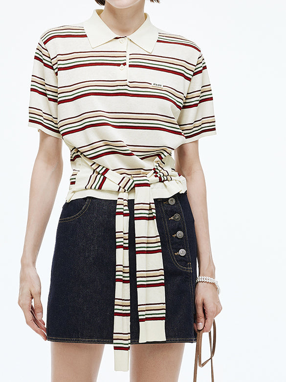 Retro Color Stripe Design Polo Knit