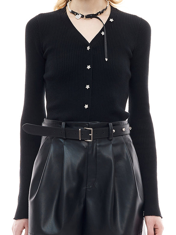 Star Button Rib Knit Cardigan