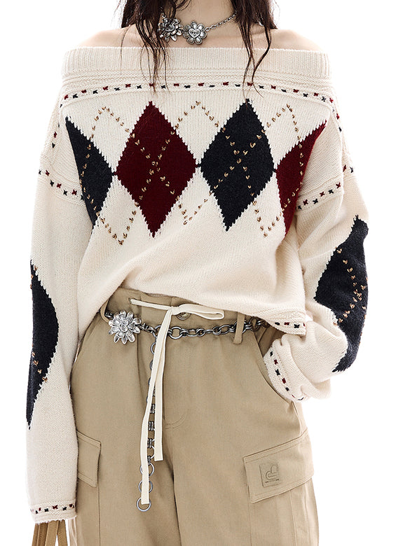 Argyle Off-shoulder Knit Top