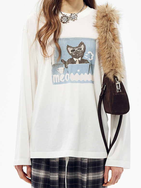 Cat Printed & Beads Long Sleeves T-shirt