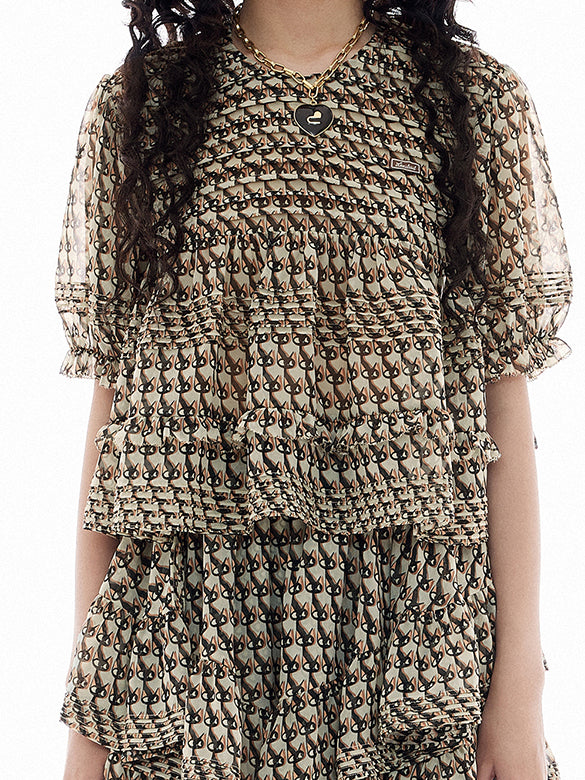 Cat Printed Chiffon Blouse