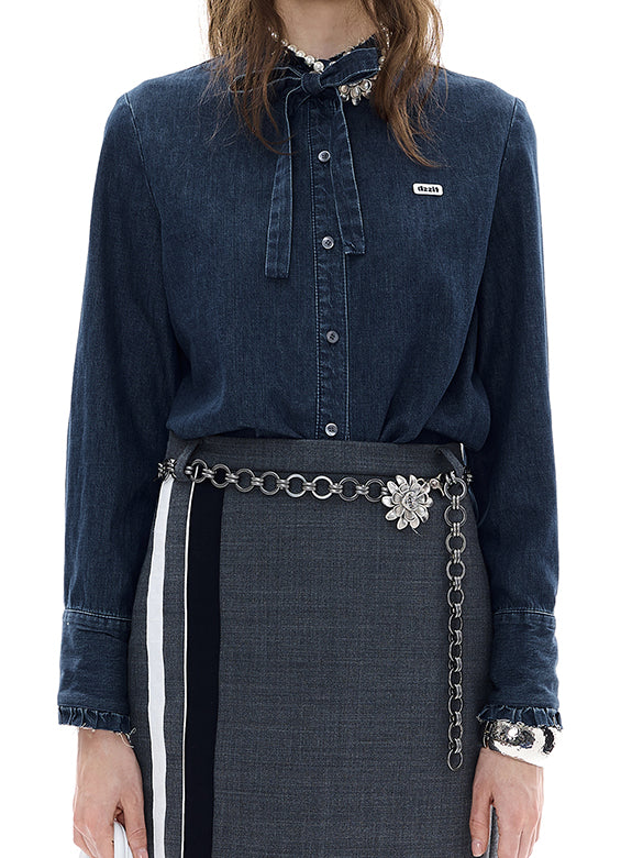 Frill-collar Bow-tie Denim Shirt