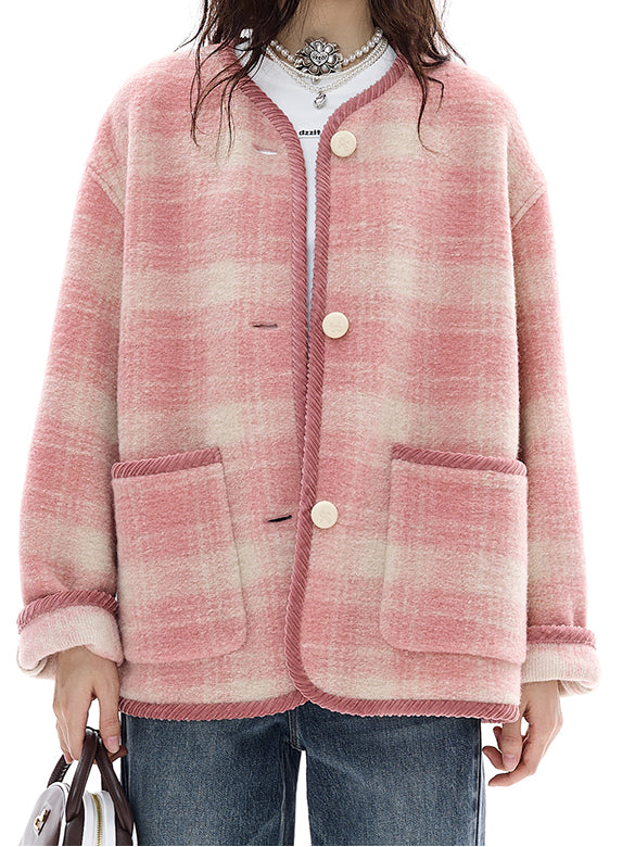 Piping Design Pink Plaid Coat
