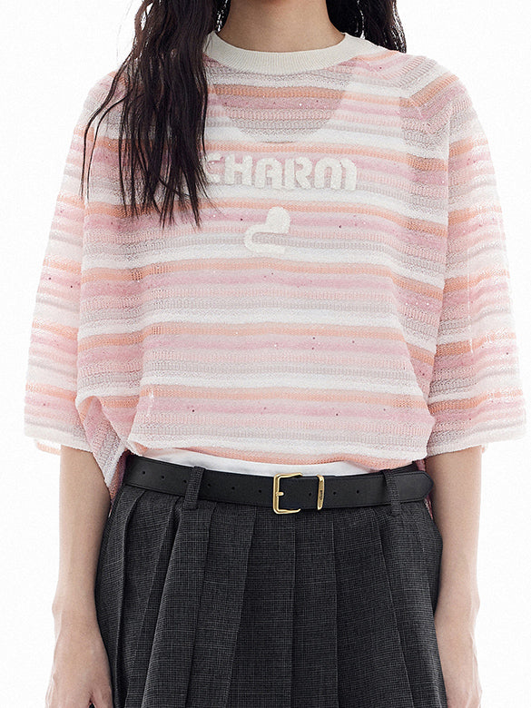 Sequins Design Pink Stripe Knit