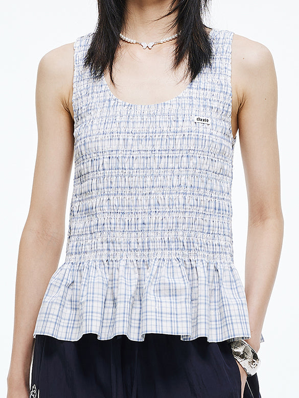 Plaid Gather Sleeveless Top