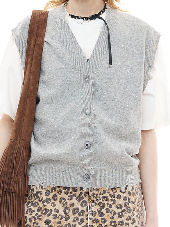Glitter Damage Sleeveless Knit Top