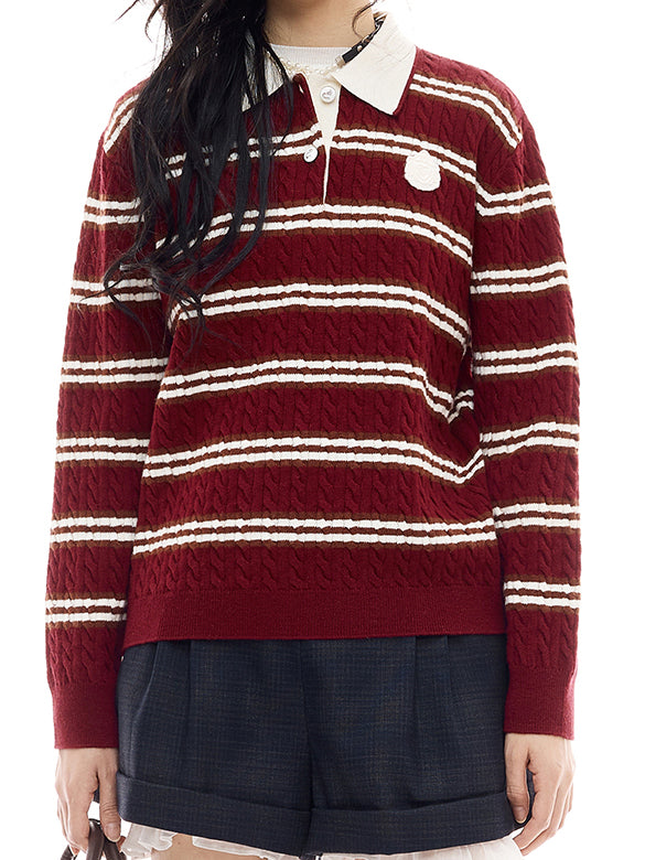 Retro Color Stripe Polo-Knit Top