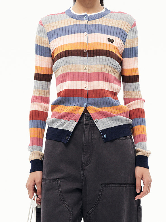 Retro Color Stripe Rib Knit Cardigan