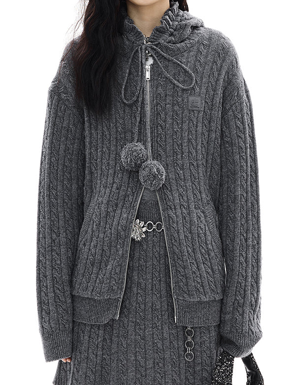 Pompon Design Knitting Zipper Hoodie