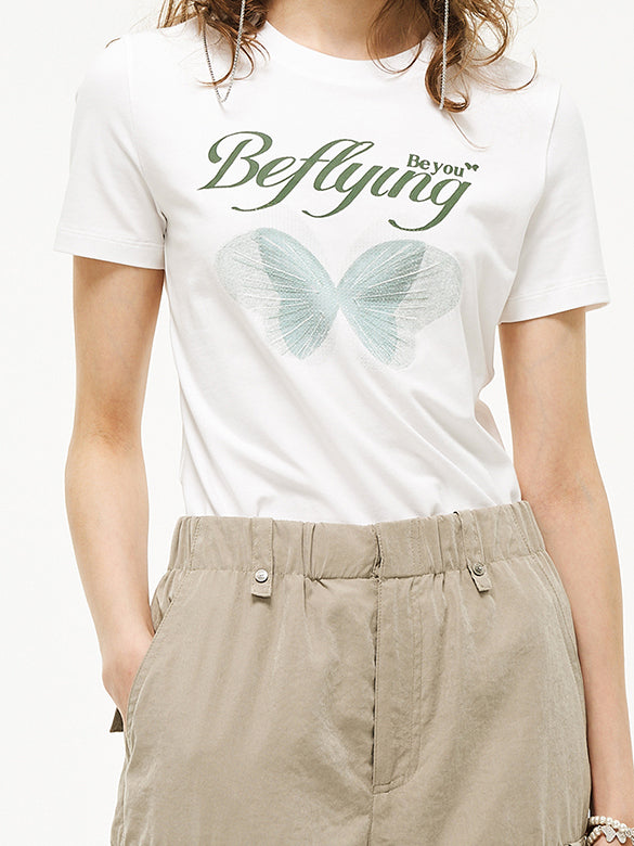 Butterfly Printed & Beads Compact T-shirt