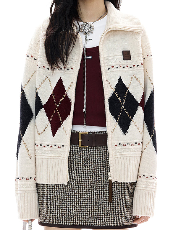 Argyle Zipper Knit Cardigan