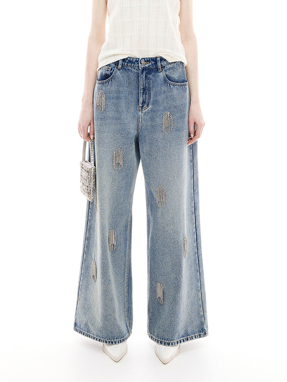Beads Fringe Design Denim Pants