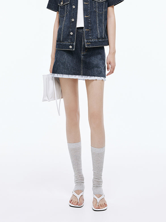 Stripe Frill Rigid Denim Skirt