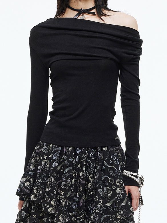 One-shoulder Gather Long Sleeves Top