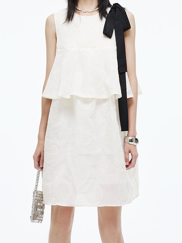 Bi-color Ribbon Sleeveless Dot Dress