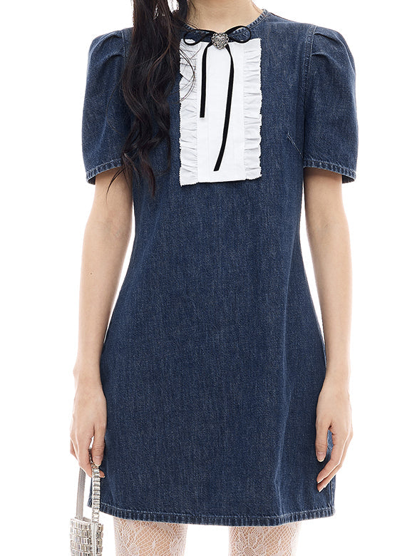 Frill Combination Denim Dress