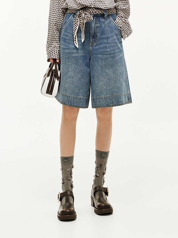 Scarf Belted Denim Half Pants