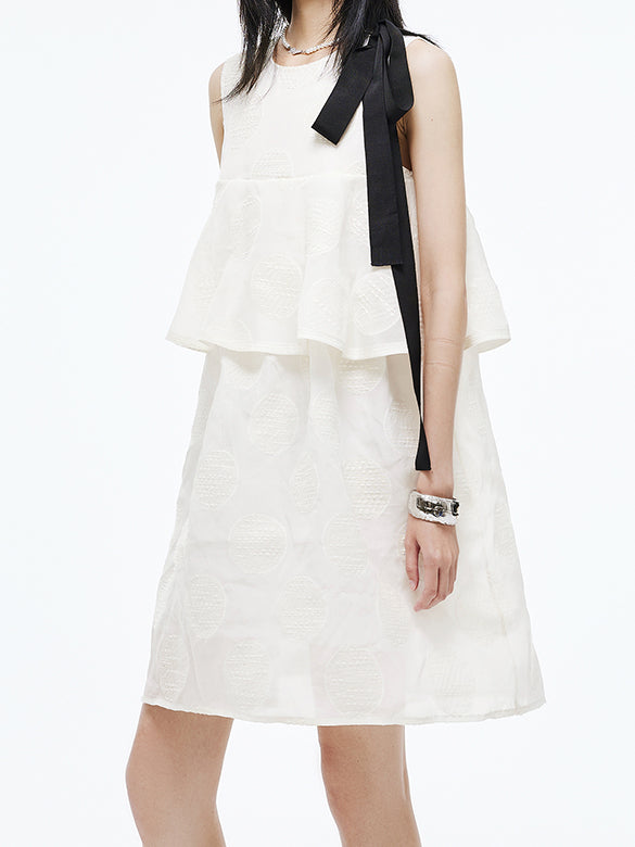 Bi-color Ribbon Sleeveless Dot Dress
